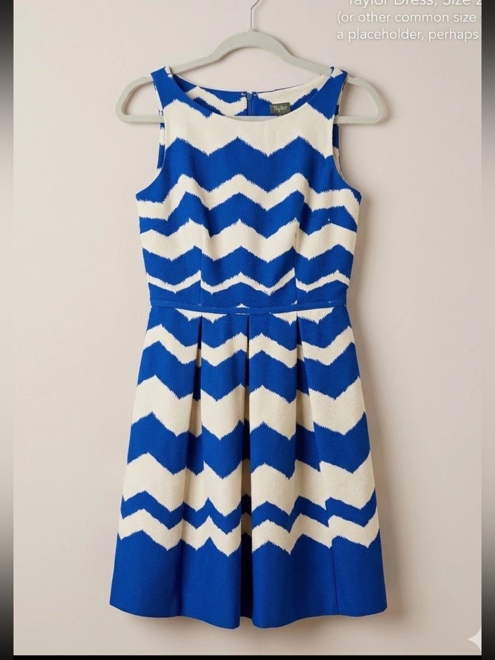 Taylor Royal Blue White Chevron Pleated Fit & Flare Dress Size 2 100% Cotton